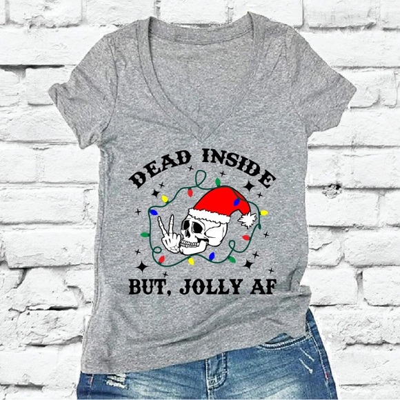 NEW NWOT When You’re Dead Inside But It’s Christmas Skeleton V-neck Tee L Gray - Picture 5 of 9